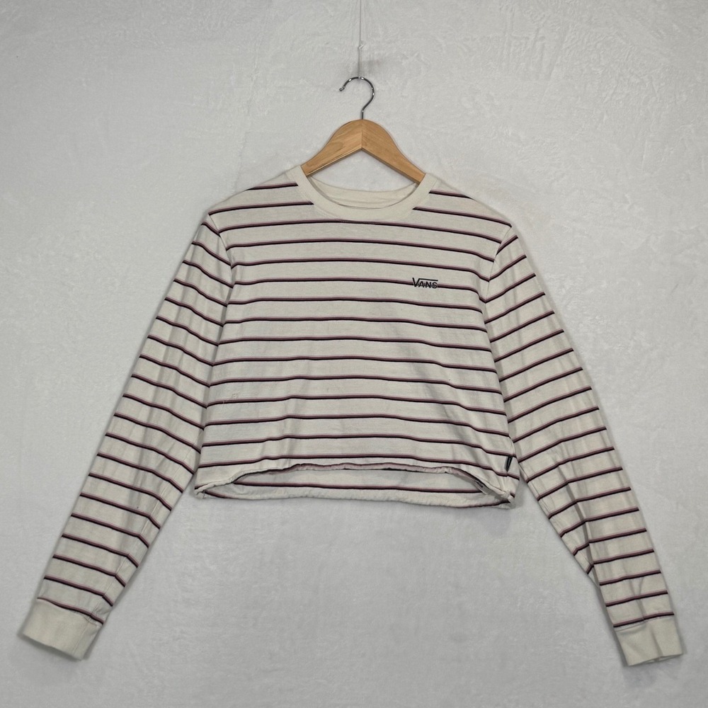 Vans White Striped Long Sleeve Crop Top Medium